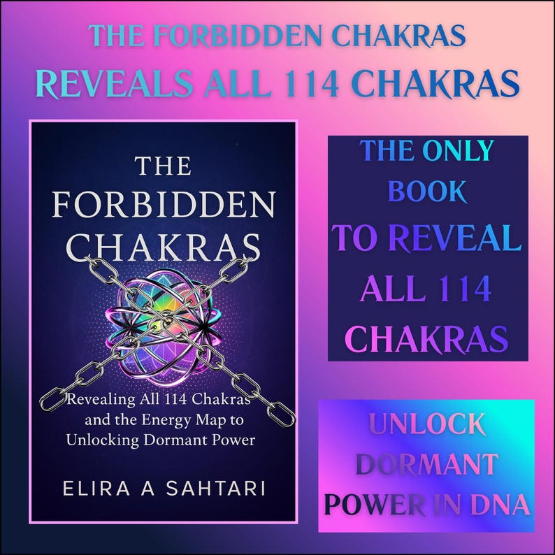 Op de afbeelding: Een boekomslag met de titel "The Forbidden Chakras" en de slogan "Onthult alle 114 chakra's en de energiemap om sluimerende kracht te ontgrendelen." De omslag toont een kleurrijk, geometrisch ontwerp met kettingen. Extra tekst: "Het enige boek om alle 114 chakra's te onthullen."