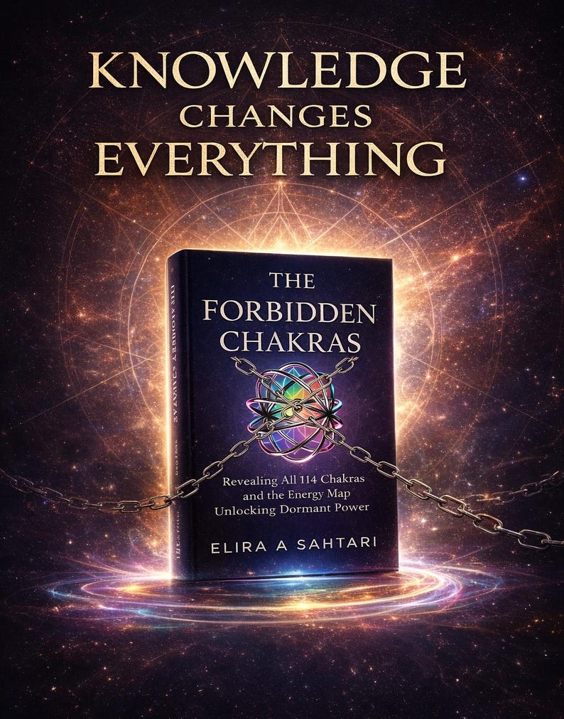 Op de afbeelding: Een boek getiteld "The Forbidden Chakras" met de tekst "Knowledge Changes Everything" bovenaan. De boekomslag is donker met een kleurrijk chakra-ontwerp en kettingen. De naam van de auteur, Elira A Sahtari, staat onderaan.