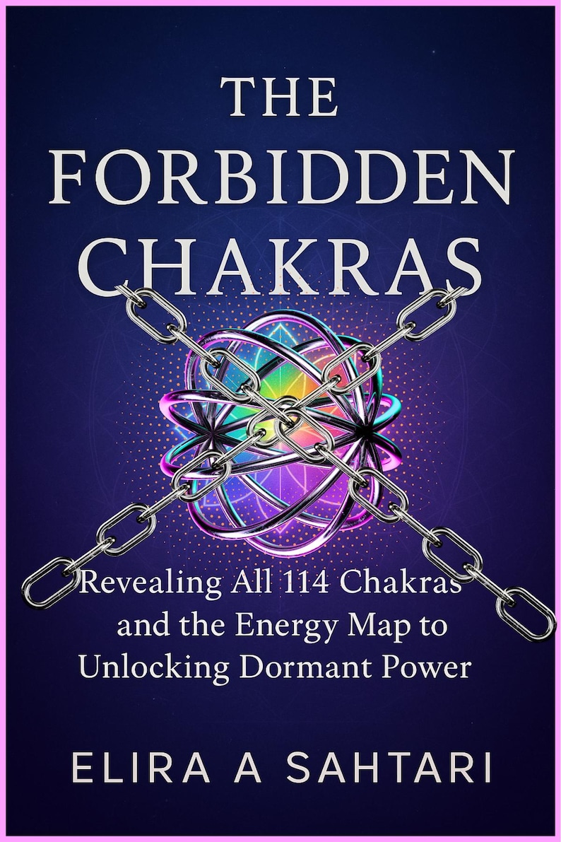 Op de afbeelding: Boekomslag met de titel "The Forbidden Chakras" in witte letters. De omslag toont een kleurrijk, geometrisch ontwerp met kettingen en de tekst "Revealing All 114 Chakras and the Energy Map to Unlocking Dormant Power".