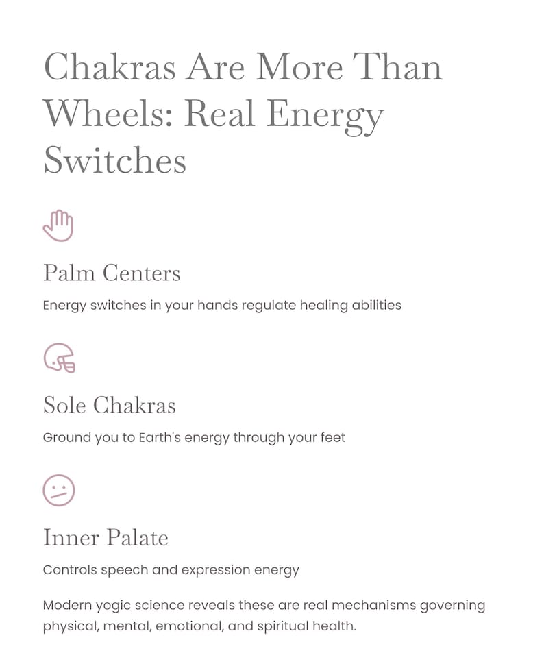 May include: A white graphic with text that reads "Chakras Are More Than Wheels: Real Energy Switches." The graphic includes illustrations and descriptions of palm centers, sole chakras, and inner palate.