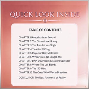 Könnte beinhalten: Ein Inhaltsverzeichnis eines Buches wird vor einem Farbverlaufshintergrund angezeigt. Der Titel "QUICK LOOK INSIDE" steht oben. Die Tabelle listet Kapitel mit Titeln wie "Blueprints from Beyond" und "The Dimensional Library" auf.