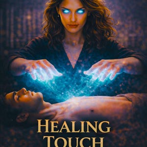 May include: Book cover for "Healing Touch" from "The Human Superpowers Series." A woman with glowing blue eyes and hands emits energy over a person. The title is in large gold letters, with the author's name at the bottom.