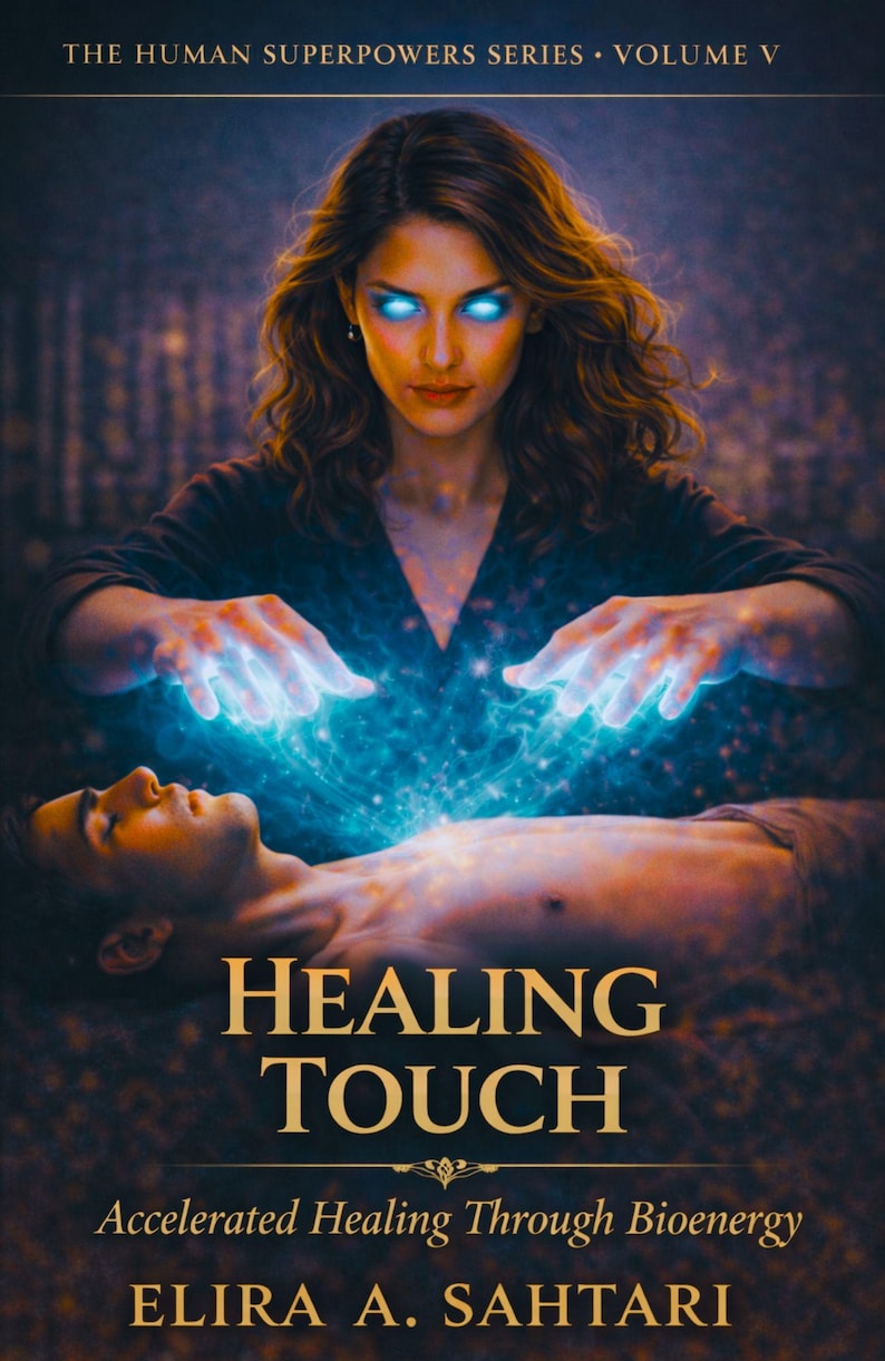 May include: Book cover for "Healing Touch" from "The Human Superpowers Series." A woman with glowing blue eyes and hands emits energy over a person. The title is in large gold letters, with the author's name at the bottom.