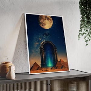 Framed Celestial Stargate Portal Wall Art, Spiritual Hanging Decor, Cosmic Moon, Sacred Portal, Pyramids & Eye of Truth. 3 Frame Colors