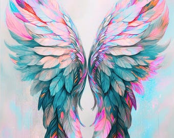Lámina de alas de ángel en tonos pastel, arte mural de plumas etéreas (descarga digital)