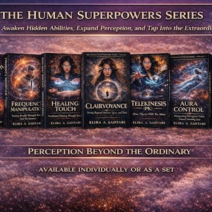 May include: A series of seven books titled "The Human Superpowers Series". Each book cover features a woman with mystical imagery and titles like "Astral Projection" and "Telekinesis". The series is available individually or as a set.