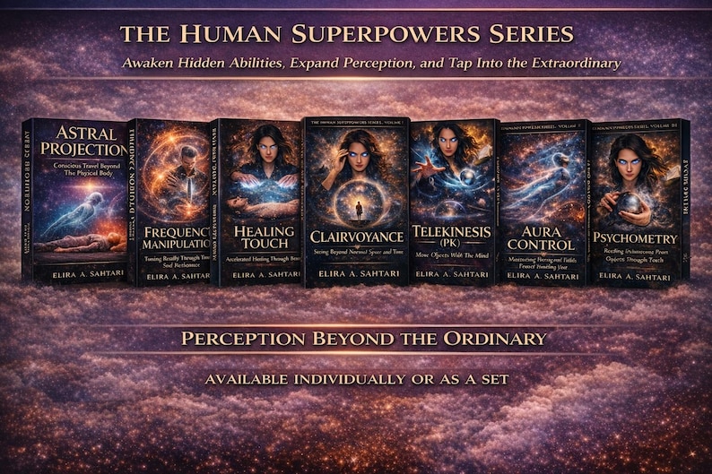 May include: A series of seven books titled "The Human Superpowers Series". Each book cover features a woman with mystical imagery and titles like "Astral Projection" and "Telekinesis". The series is available individually or as a set.