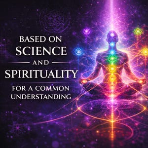 Op de afbeelding: Digitale illustratie van een mediterende figuur met een gloeiende aura en chakra punten. De afbeelding is geplaatst tegen een kosmische achtergrond met de tekst "BASED ON SCIENCE AND SPIRITUALITY FOR A COMMON UNDERSTANDING".