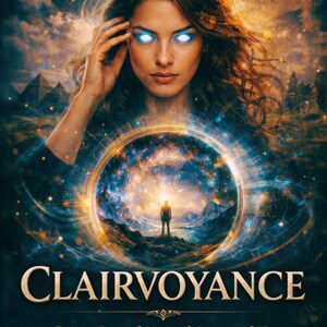 May include: Book cover for "Clairvoyance" from "The Human Superpowers Series." The image features a woman with glowing blue eyes, a cosmic background, and the title in gold lettering. The author's name is Elira A. Sahtari.