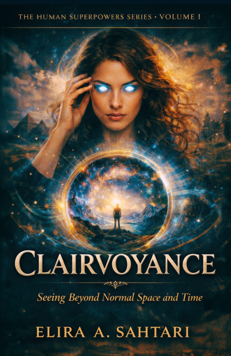 May include: Book cover for "Clairvoyance" from "The Human Superpowers Series." The image features a woman with glowing blue eyes, a cosmic background, and the title in gold lettering. The author's name is Elira A. Sahtari.