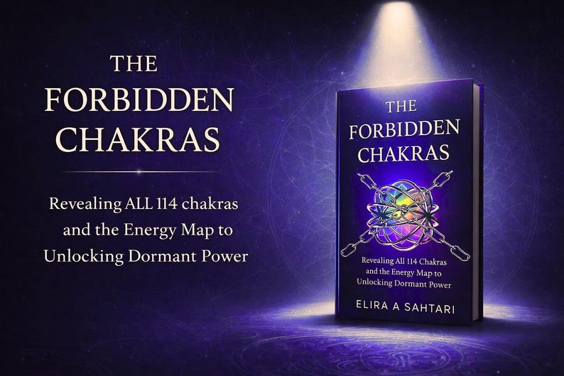 Op de afbeelding: Een boek getiteld "The Forbidden Chakras" met een donkerblauwe omslag. De omslag heeft een kleurrijk, geometrisch ontwerp en kettingen. De tekst op de omslag luidt "Onthulling van ALLE 114 chakra's en de Energiekaart om sluimerende kracht te ontgrendelen."