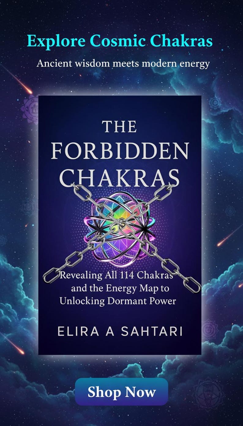 Op de afbeelding: Boekomslag met de titel "The Forbidden Chakras" in witte letters op een donkerblauwe achtergrond. De omslag toont een geometrisch ontwerp met kettingen en de tekst "Explore Cosmic Chakras" en "Shop Now".