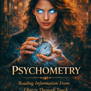 May include: Book cover featuring a woman with glowing blue eyes holding a pocket watch. The title "PSYCHOMETRY" is prominently displayed, with the subtitle "Reading Information From Objects Through Touch." The author's name is Elira A. Sahtari.
