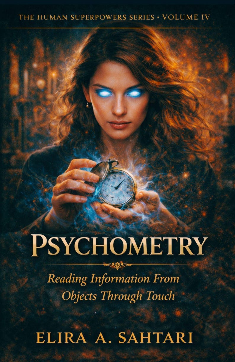 May include: Book cover featuring a woman with glowing blue eyes holding a pocket watch. The title "PSYCHOMETRY" is prominently displayed, with the subtitle "Reading Information From Objects Through Touch." The author's name is Elira A. Sahtari.