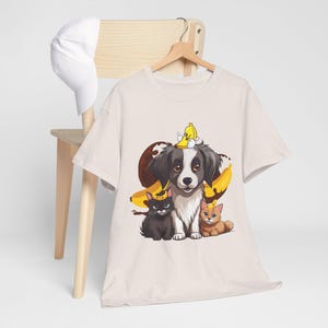Camiseta de cachorro e gato, fofa, banana, animais de estimação kawaii, amigos animais engraçados, desenho animado de frutas, amante de animais adorável e brincalhão, camiseta para animais de estimação