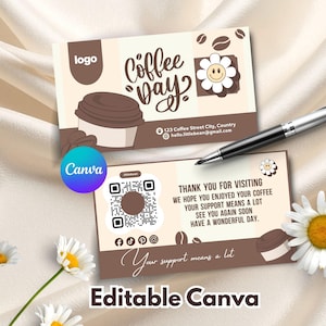 Cafe Business Card Template | Coffee QR Code Thank You Card Minimalist | Editable Canva