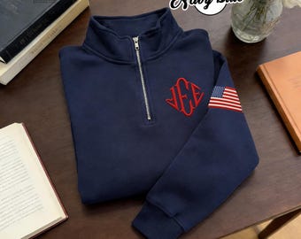 Sudadera con cremallera de un cuarto inspirada en J.E.E., bordada, con monograma de JEE Epstein, jersey unisex con la bandera estadounidense, regalo patriótico para hombres.