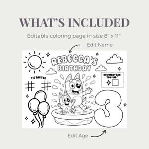 May include: Black and white coloring page with the text "WHAT'S INCLUDED" and "Editable coloring page in size 8" x 11". The page features a cartoon dog in a pool, the text "REBECCA'S BIRTHDAY", and the number 3.