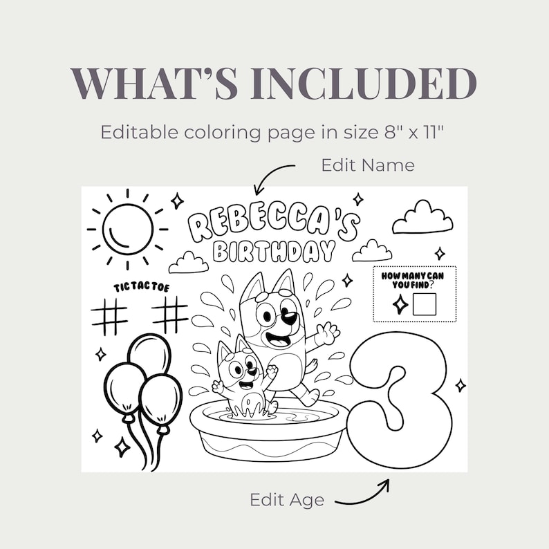 May include: Black and white coloring page with the text "WHAT'S INCLUDED" and "Editable coloring page in size 8" x 11". The page features a cartoon dog in a pool, the text "REBECCA'S BIRTHDAY", and the number 3.