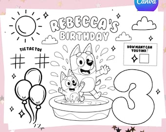 Bluey verjaardag kleurplaat, Bluey verjaardag activiteitenblad, Bluey verjaardagsspel, gepersonaliseerd activiteitenblad, gepersonaliseerde kleurplaat
