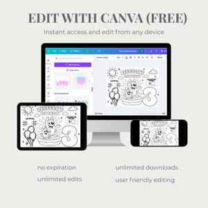 May include: A digital invitation template shown on a computer, tablet, and smartphone. The invitation design is a black and white cartoon with the text "REBECCA'S BIRTHDAY" and the number "3". The image includes the text "EDIT WITH CANVA (FREE)" and details about editing.