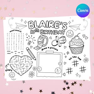 May include: A black and white coloring page with the text "BLAIRE'S 10TH BIRTHDAY". The page includes a word search, a maze, and areas to draw and play tic-tac-toe. Decorative elements include hearts, flowers, and a cupcake.