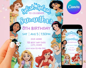 Op de afbeelding: Een lichtblauwe verjaardagsuitnodiging met Disney-prinsessen. De uitnodiging luidt "Splish Splash om Samantha's 8e verjaardag te vieren" met evenementdetails. Een smartphone toont de uitnodiging. Het Canva-logo is zichtbaar.