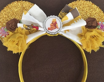 Custom Disney Winnie Whinnie The Pooh Hunny Yellow Sparkle floral Mouse Ears headband great Christmas Birthday Party Gift Favor