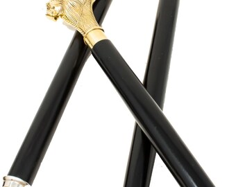 Lion Head Walking Cane: 3-Fold Black Wooden Stick with Brass Handle