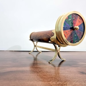 Vintage Wooden & Brass Kaleidoscope on Brass Stand – Antique Collectible Optical Instrument