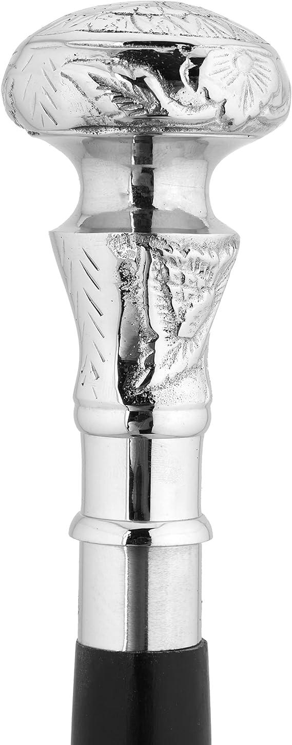 Vintage Folding Wooden Walking Cane with Silver Engraved Handle