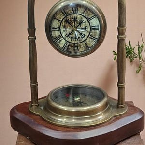 Vintage Brass Table Clock with Compass | Nautical Desk Decor with Wooden Base