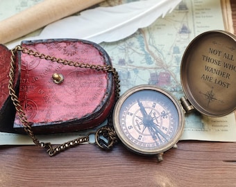 Custom Engraved Vintage Brass Pocket Compass with Leather Case l Nautical Maritime Navigation Collectible