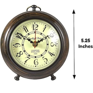 Vintage wooden table clock with Cambridge England 1924 dial, antique bronze finish, Roman numeral display, 5.25 inch decorative desk mantel clock for office, farmhouse home decor and vintage gift.
