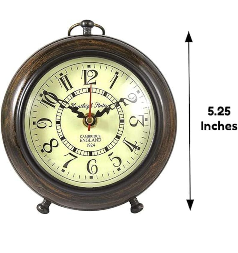 Vintage wooden table clock with Cambridge England 1924 dial, antique bronze finish, Roman numeral display, 5.25 inch decorative desk mantel clock for office, farmhouse home decor and vintage gift.