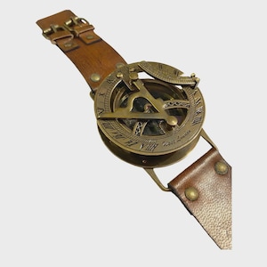 Antique Brass Sundial Wristwatch: Vintage Compass & Leather Strap