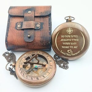 Engraved Brass Sundial Compass with Leather Case – “Find Your Way Home” Romantic Gift for Him or Her