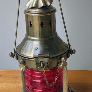 Era Style Iron Nautical Lantern with Red Fresnel Glass – Vintage Marine Signal Lamp