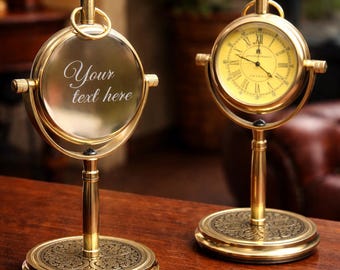 Engraved Vintage Brass Table Clock Roman Numerals, Antique Style Personalized desk decor