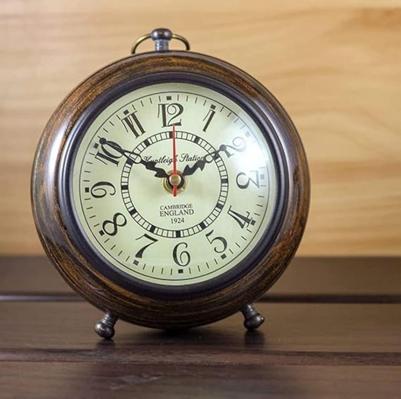 Vintage Cambridge England 1924 style round table clock with antique Wood finish, classic Roman numerals, silent quartz desk clock for office, farmhouse, rustic home decor, mantel shelf clock , study room and vintage gift