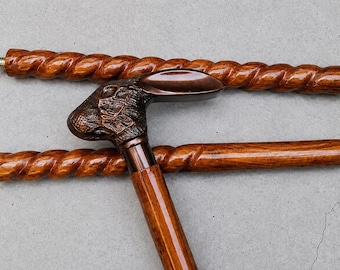 Bastón de estilo vintage con cabeza de conejo, mango de madera en espiral, bastón de 3 pliegues