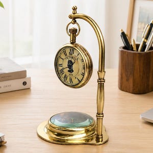 Personalized Vintage Hanging Desk Clock with Compass, Antique Brass Pocket Watch Table Clock, Nautical Office Desk Decor Gift for Him