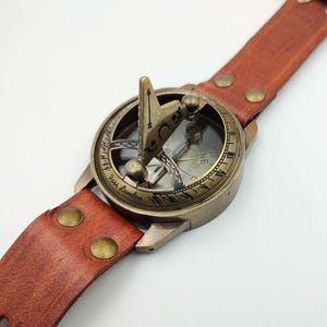 Vintage Brass Sundial Compass Wristwatch with Leather Strap – Antique Nautical Collectible