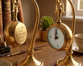 Personalized Brass Hanging Table Clock – Custom Engraved Desk Clock Gift for Couples