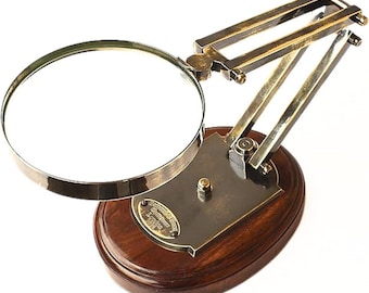 Vintage messing vergrootglas met standaard – verstelbaar vergrootglas, houten basis – leren doos