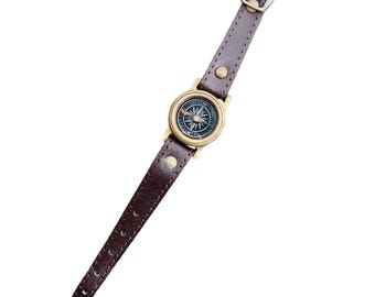 Personalized Vintage Brass Wrist Compass – Leather Strap Adventure Navigation Watch