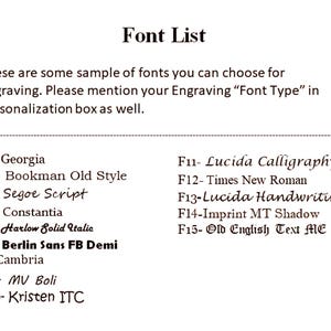 May include: A white background displays a "Font List" with font samples for engraving. The text includes font names like Georgia, Bookman Old Style, and Lucida Calligraphy. Instructions are provided to specify the font type in the personalization box.