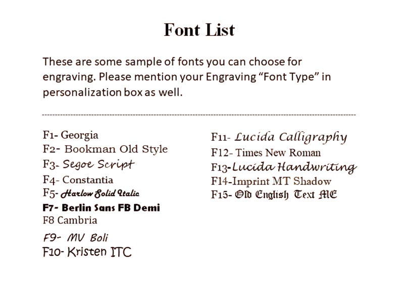 May include: A white background displays a "Font List" with font samples for engraving. The text includes font names like Georgia, Bookman Old Style, and Lucida Calligraphy. Instructions are provided to specify the font type in the personalization box.