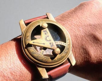 Personalised Brass Wrist Sundial Compass: Nautical Explorer Watch, Leather Strap