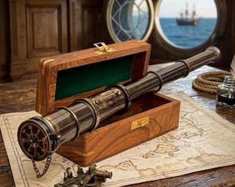 Personligt vintage piratteleskop i mässing – handhållen monokulär kikare med trälåda
